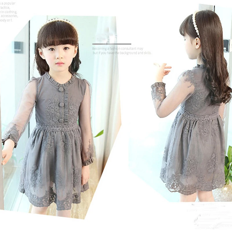 2018 New Spring Girl Net Yarn Long-sleeves Dress Lace Princess Kids Cotton Button Decoration Dresses For Party Girls | Детская одежда и