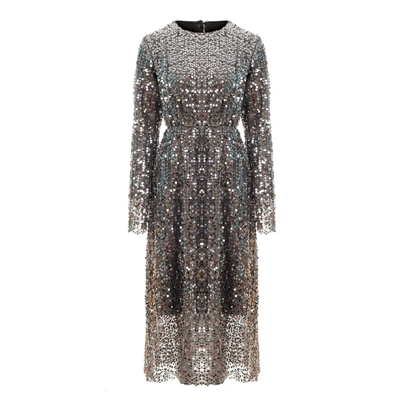 

PERHAPS U Glitter Elegant Club Party O Neck Gray Sequined Bling Long Sleeve Knee Length Autumn Spring Dress D0906