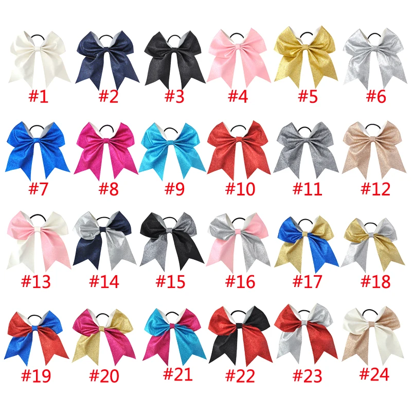 

24pcs/lot 7Inch Girls Boutique Glisten Cheerleaders Bow with Elastic Hair Bands Ponytail Holder Women Hair Accessories