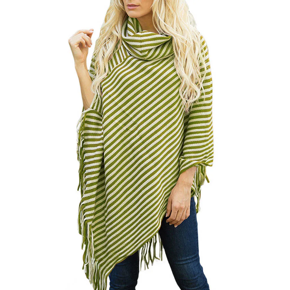 Черно белый полосатый свитер с высоким воротником пончо и накидки длинный