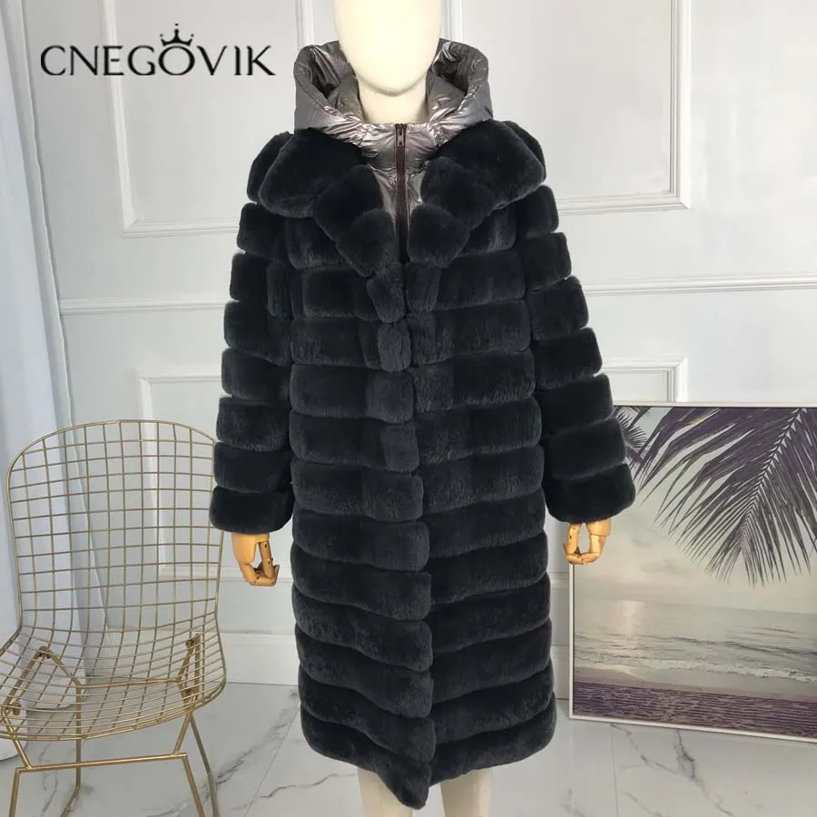 

Natural Real rabbit Fur coat long style with collar with Detachable hood women's winter jacket with full sleeves horizontal