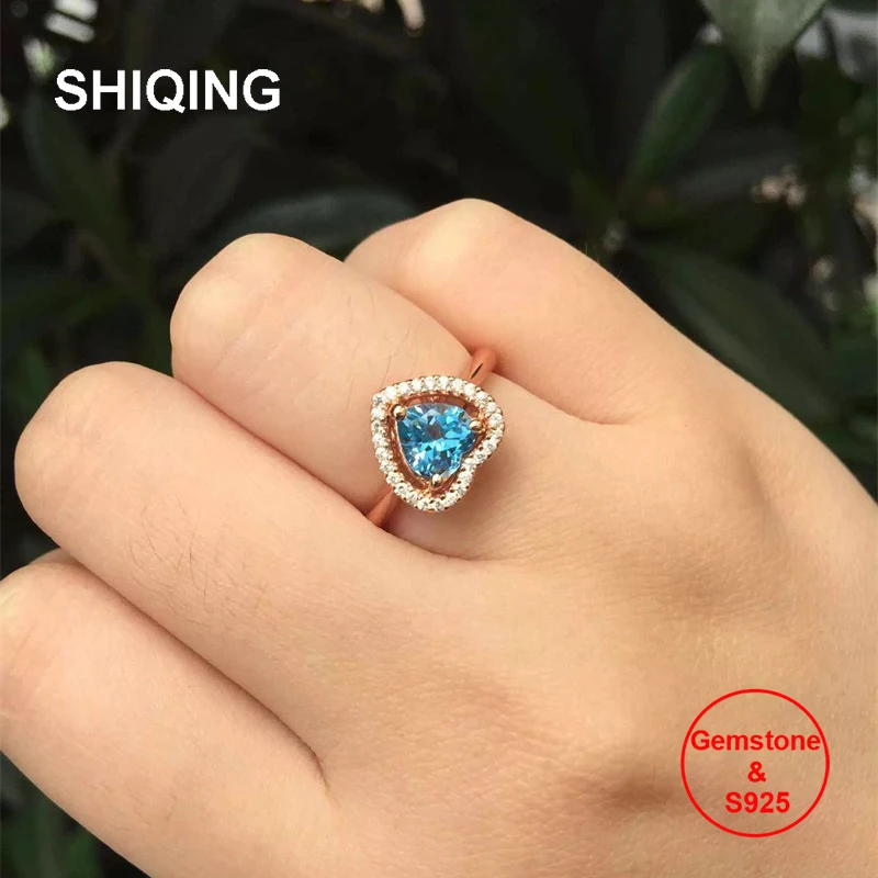 

SHIQING Nature blue topaz silver rose gold color cute romantic heart rings for her