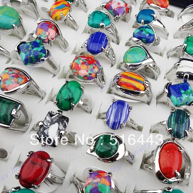 New 30pcs Charms Vintage Mix Natural Malachite Stones Turquoise Silver P Womens Mens Rings Wholesale Jewelry Lots A-918 | Украшения и