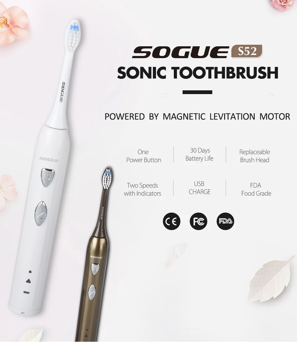 SOGUE Sonic электрическая зубная щетка дорожная коробка Maglev мотор USB зарядка 1 держатель 2 FDA щеточка S52 Escova de Dente Eletrica Sonico