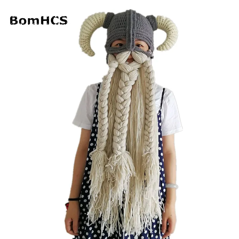 BomHCS Vikings Beanies Beard Horn Hats Handmade Knitted Caps Men's Women Birthday Cool Gifts Party Mask