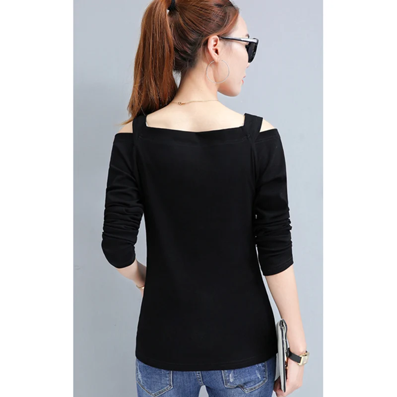 Сексуальная Женская футболка с открытыми плечами 2018 Корейская Осенняя женская