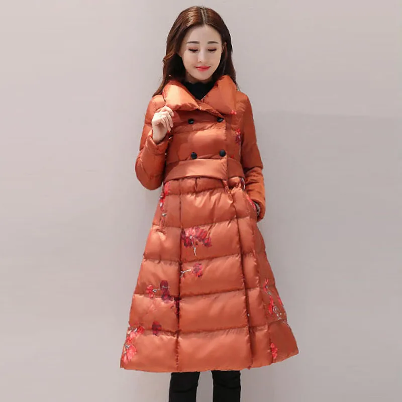 Женское длинное пуховое пальто элегантное большого размера из хлопка с