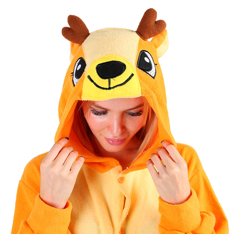 Женские флисовые пижамы женские с капюшоном кигуруми милым оленем пижамные