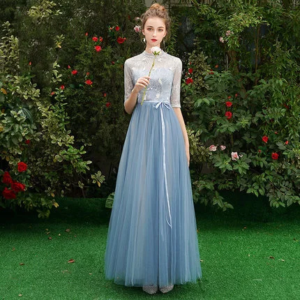 SSYfashion, элегантные, короткие рукава, шнуровка сзади, длина до пола, длинные шифоновые платья подружек невесты, на заказ, свадебные платья для женщин - Цвет: blue