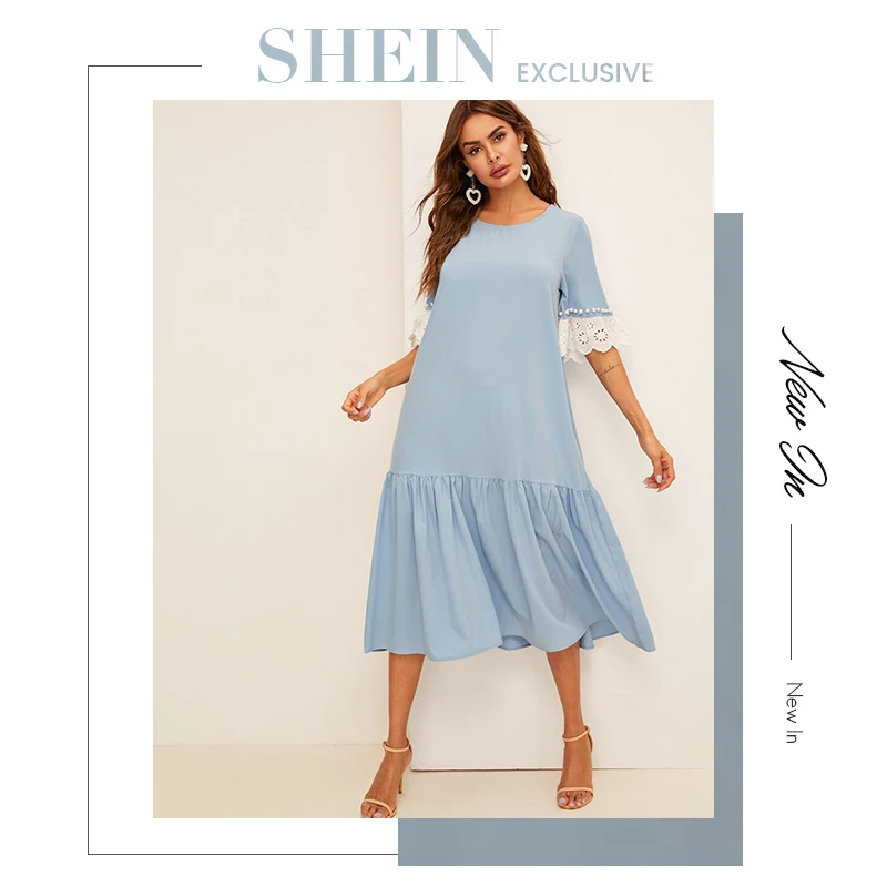 SHEIN модное платье с бусинами и вышитыми манжетами,, голубое весенне-летнее платье с коротким рукавом, туника с заниженной талией, женские платья