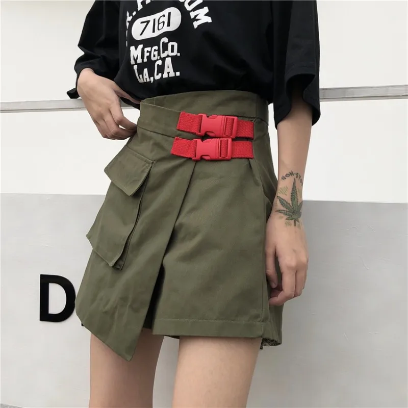 Армейский зеленый Юбка в стиле сафари Харадзюку, короткая, модная, Корейская, женская, с карманами, с широкими штанинами, шорты, необычные, формальные, с поясом, цвета хаки, черные, низ - Цвет: Армейский зеленый