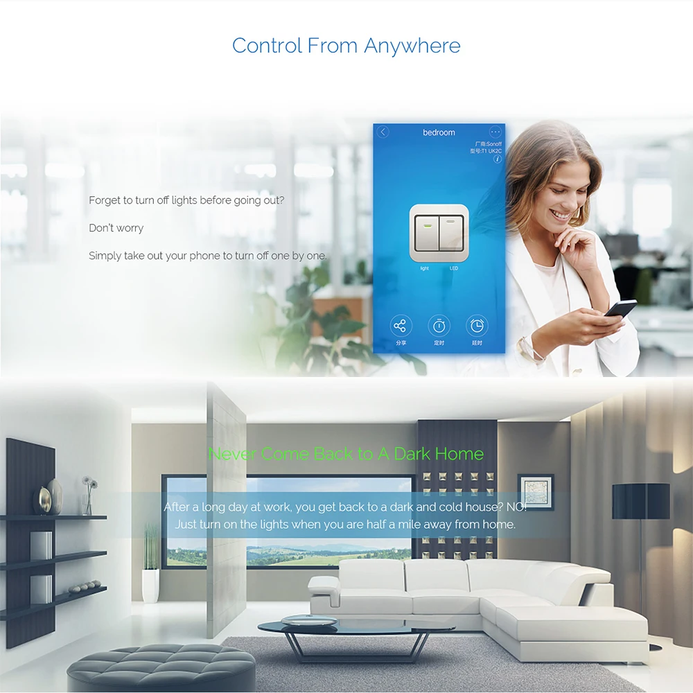 Sonoff T1 ЕС Smart Wi-Fi стены сенсорный выключатель света 1 Gang 2 Touch/Wifi/RF 433/APP удаленного