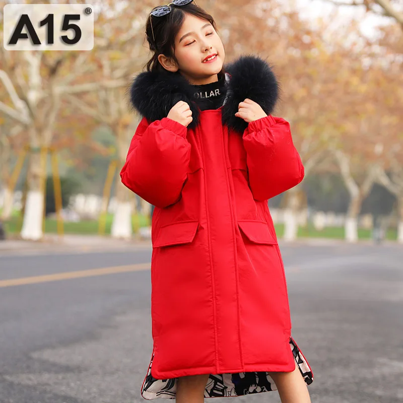 K38-1839Red Детское пальто с капюшоном A15, на мальчика или девочку, зимняя длинная пуховая куртка для подростков, размеры на возраст 6, 8, 10, 12 и 14 лет - Цвет: K38-1839Red