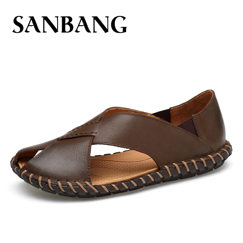 Кожаные летние Для мужчин брендовые сандалии модные мужские пляжные мягкая