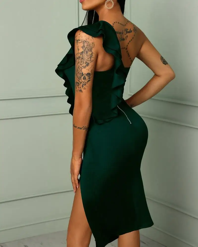 

Women One Shoulder Ruffles Strapless Party Dress Sexy Slim Hem Split Dress