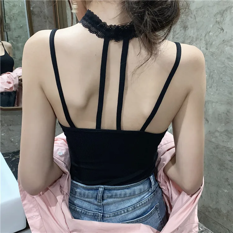 Сексуальное кружевное белье для девочек с лямкой на шее короткие майки топы с отдельными лотами бюстгальтер для женщин, с подкладкой Майки Топы для женщин