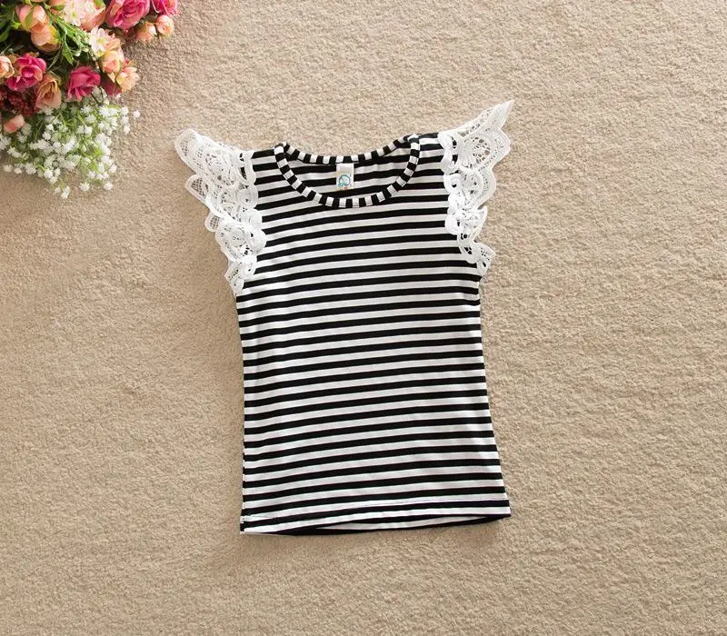 Striped Shirt Vest MUABABY/От 0 до 5 лет хлопковая кружевная рубашка с рукавами-крылышками для маленьких девочек Детский мягкий жилет в полоску для девочек топы с бретельками для малышей, футболки, летняя одежда, T428 - Цвет: Striped Shirt Vest