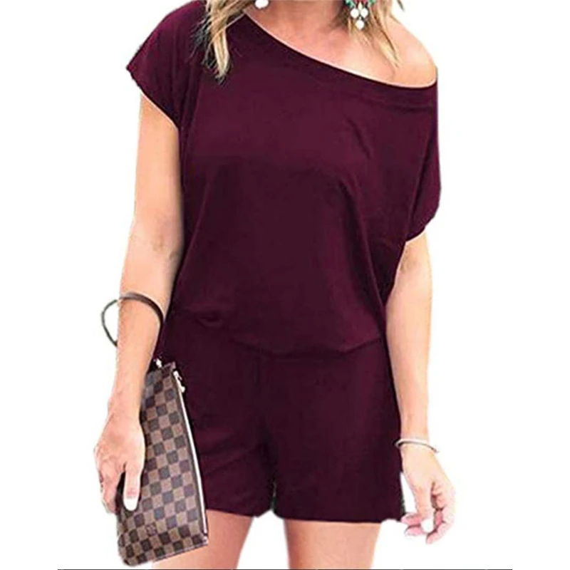 New Women's Single Shoulder Short Sleeve Jumpsuit Casual Pure Color Playsuit Ladies Sport Fitness Romper Beach Party WearSummer |