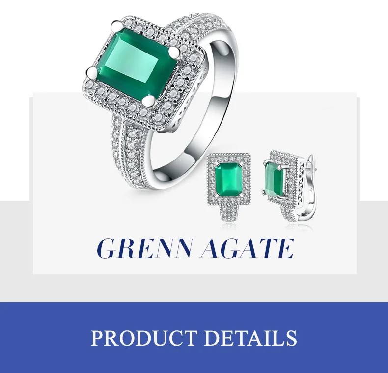 GEM'S BALLET, новинка, 6.15Ct, изумрудная огранка, натуральный зеленый агат, натуральный камень, комплект ювелирных изделий, 925 пробы, серебряные серьги, набор колец, sieraden