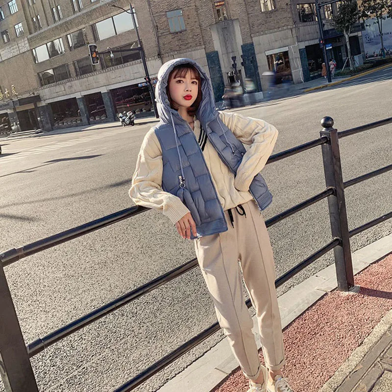 

2019 Autumn Winter New Cotton coat Casual Fashion Short Cute Sleeveless Keep Warm Simple Vest Hooded Jacket Parkas Female C70