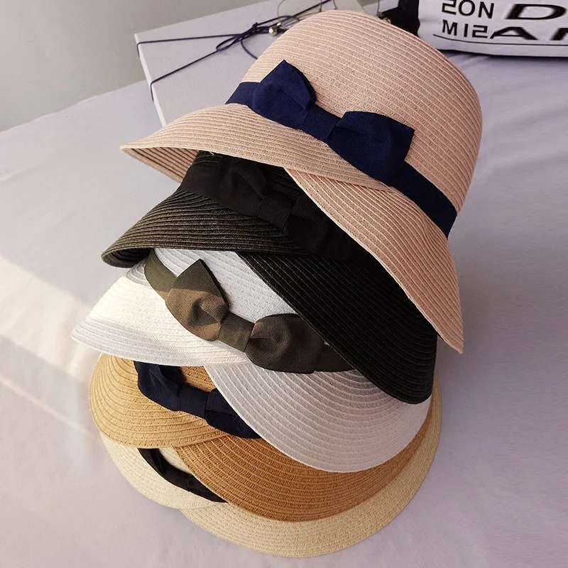 Панама женская Соломенная с бантом модная однотонная пляжная шляпа широкими