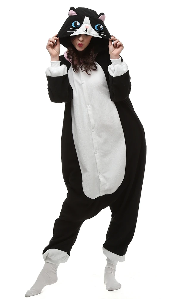black with white Кигуруми взрослых Onesie Черный кот пижамы Полуночный Кот пижама в виде костюм косплея унисекс мультфильм спальный костюм - Цвет: black with white