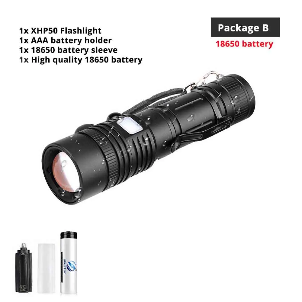Package B(18650) Мощный светодиодный фонарь XHP50 с поддержкой зума, 5 режимов освещения, фонарь с аккумулятором 18650 или 26650 для активного отдыха - Испускаемый цвет: Package B(18650)