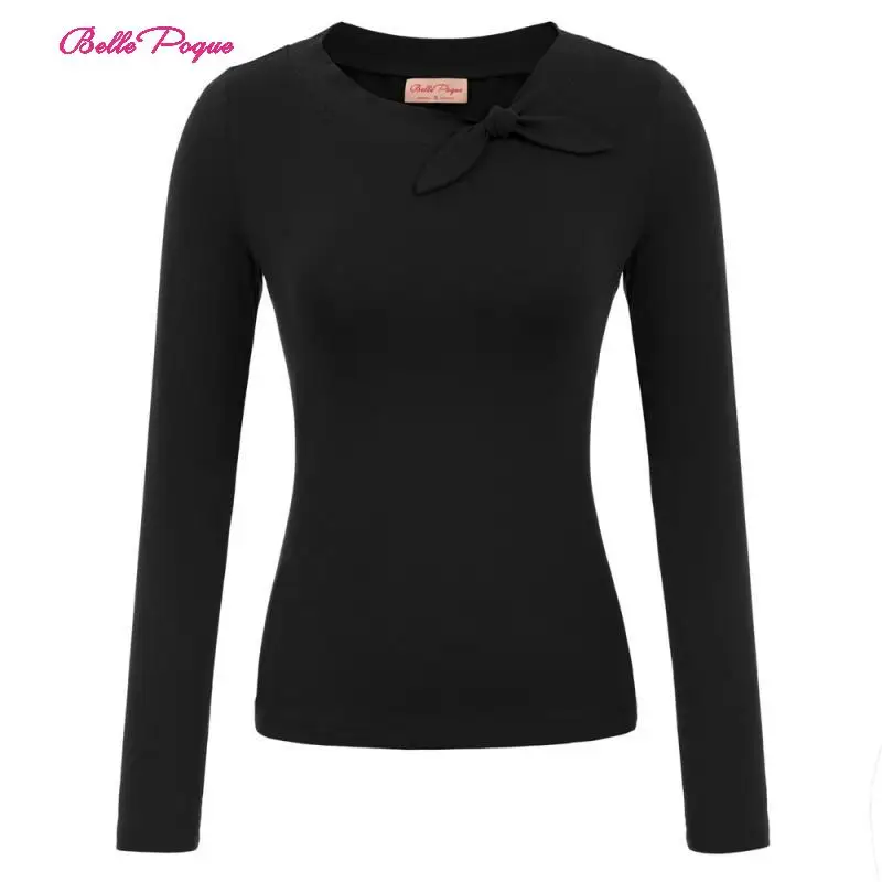 Belle Poque хлопковая футболка женская винтажная однотонная с длинным рукавом бантом