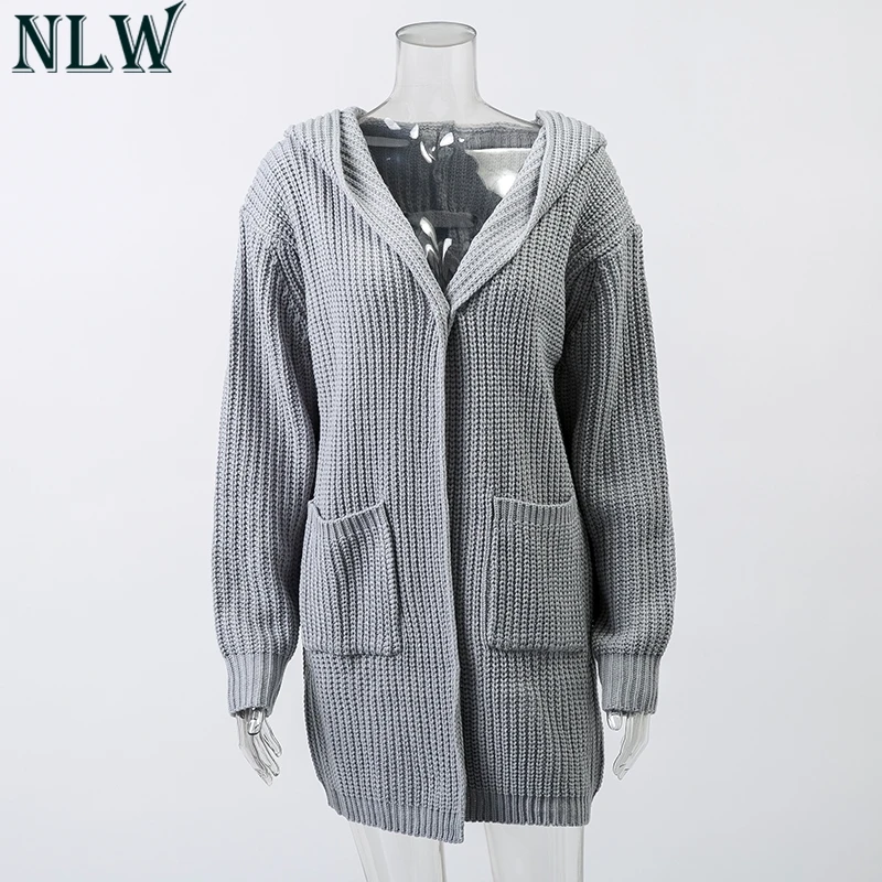 NLW 2019 Autumn Winter Knitted Cardigan Sweater Women Streetwear Long Sleeve Pocket Hooded Jumper Fashion Lace up Split |