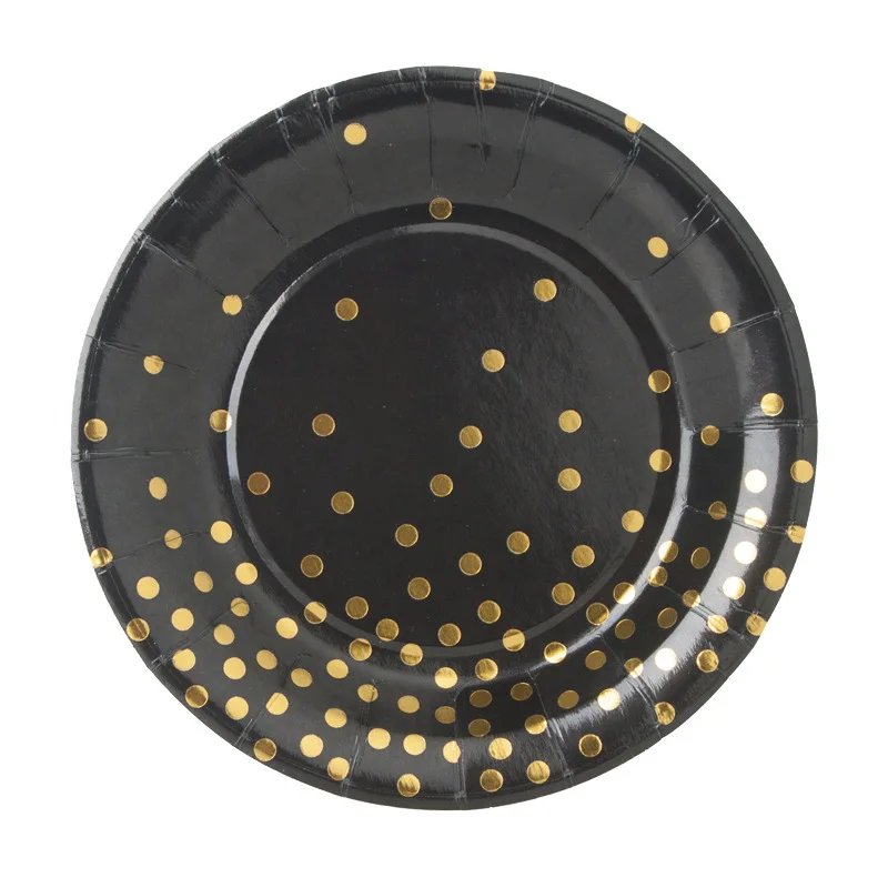 10pcs 9inch black Многоцветный розовый синий черный белый бронзированный горошек праздничный набор столовой посуды одноразовые чашки пластины бумажные полотенца вечерние принадлежности - Цвет: 10pcs 9inch black
