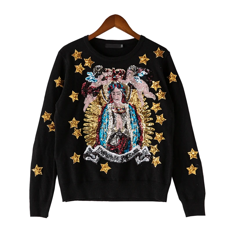Black sweater Весна Осень Роскошный свитер верхняя одежда пальто ангелы звезды богиня изысканные блестки вышитые женские вязаные пуловеры свитера - Цвет: Black sweater