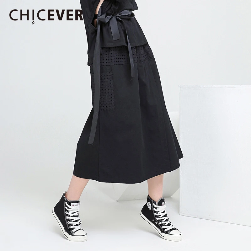 CHICEVER Весна Лоскутные Цветы боковые брюки для женщин широкие брюки эластичный пояс Свободные Большие размеры до середины икры Длина Брюки Мода - Цвет: black