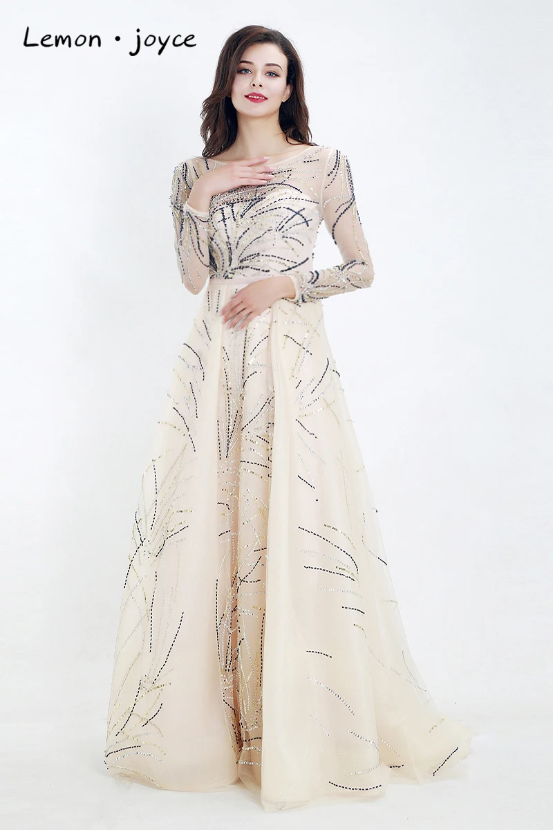 Lemon joyce Formal Evening Dresses with Long Sleeves O-neck Illusion A-Line Prom Dress Party Gowns Plus Size