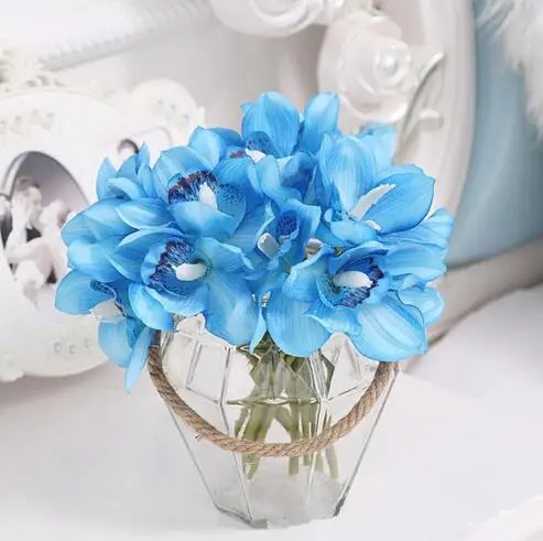 Настоящее прикосновение cymbidium 6 головок короткая съемка украшение стола цветок DIY Свадебные невесты ручной цветы домашний декор искусственная Орхидея - Цвет: blue