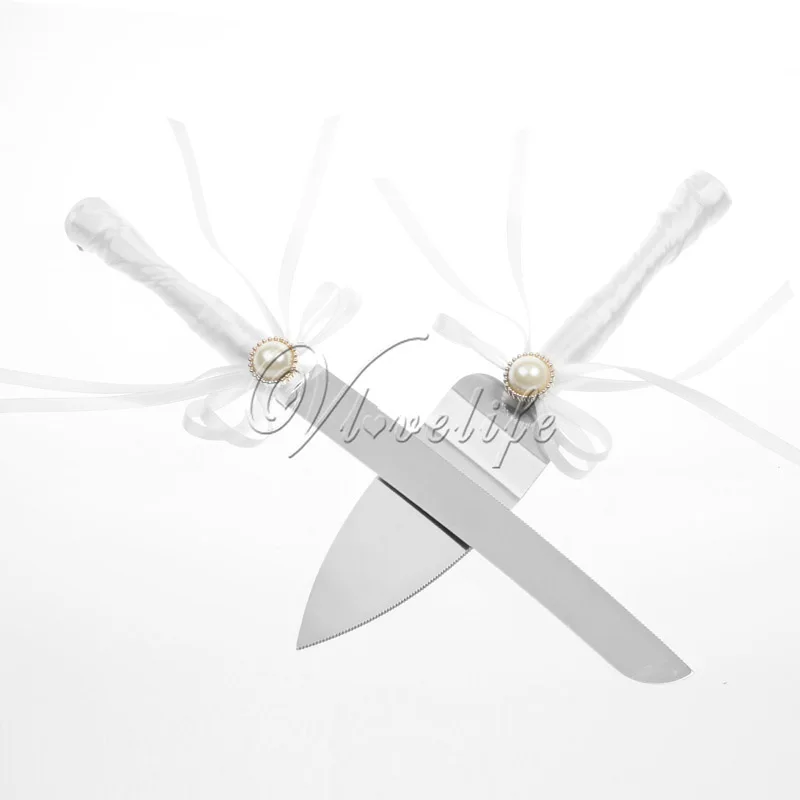 Белые атласные ленты свадебный торт нож и сервер набор из нержавеющей стали