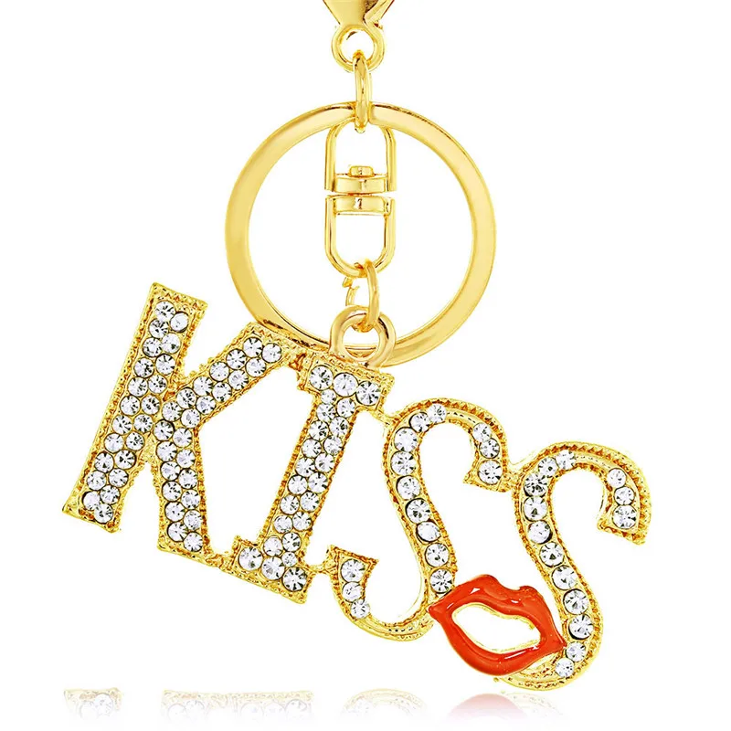 Kiss Letters Keychain Red Lips Keyring For Women Crystal Lady Purse HandBag Bag Pendant For Car Key chains rings holder K376