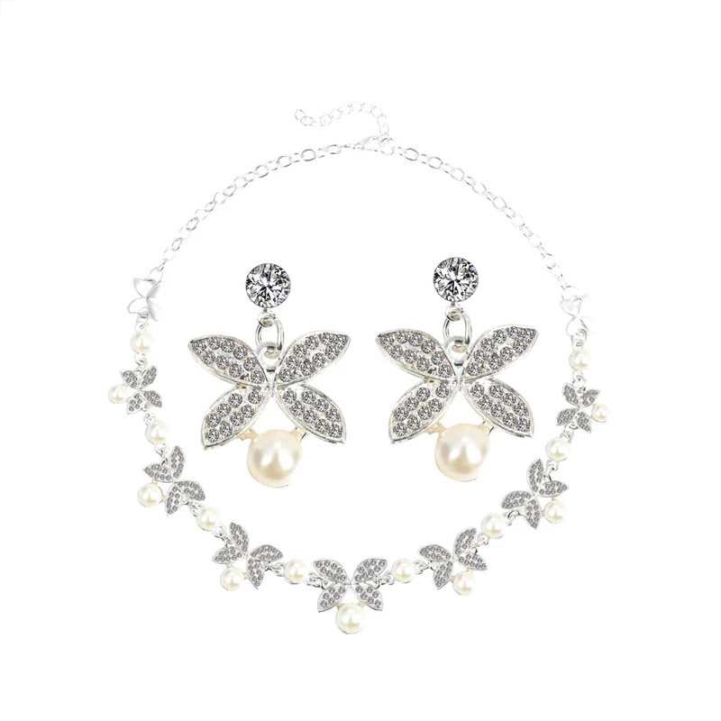 Silver Pearl Jewelry Модный Ювелирный Набор с искусственным жемчугом, свадебные ювелирные изделия, цветочный лист, позолота, серебро, колье, серьги, наборы - Окраска металла: Silver Pearl Jewelry