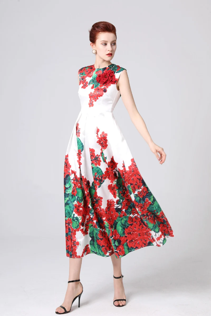 

Women's Runway Designer Dresses O Neck Sleeveless Appliques Floral Printed Pleated Elegant Fashion Mid Calf Dresses