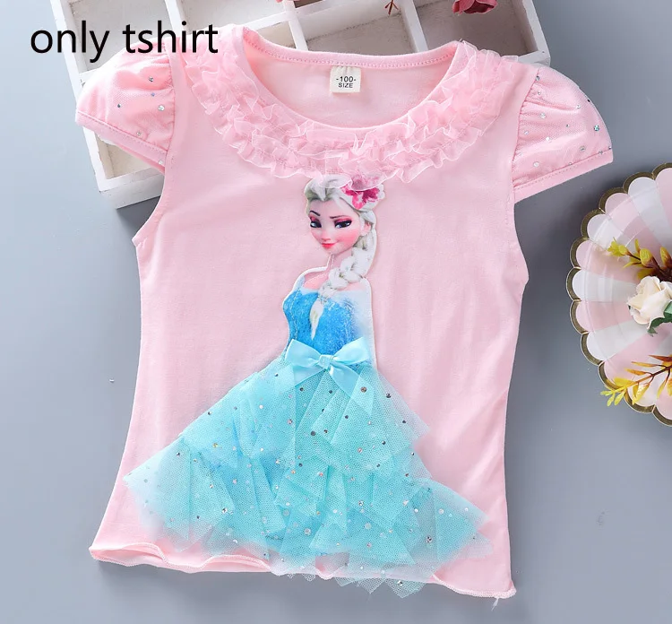 only shirt Новые летние комплекты одежды для девочек Детские хлопковые футболки с рисунком Эльзы, кружевная футболка принцессы+ длинные штаны, леггинсы одежда для детей с 3D рисунком - Цвет: only shirt