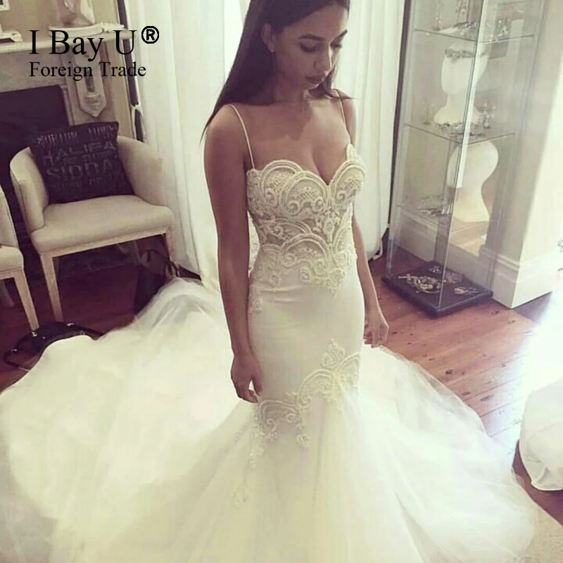 

Full Pearl Stunning Lace Wedding Dresses 2020 Hot Sale Sexy Back Wedding Gown New Satin Mermaid Wedding Dress Straps Long Train