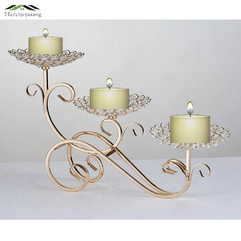 

10PCS/LOT Metal Gold Candle Holders 3-Arms With Crystals 50CM Stand Pillar Candlestick For Wedding Portavelas Candelabra 01202