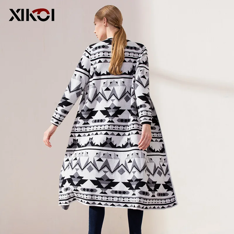 XIKOI женские длинные кардиганы с v-образным вырезом вязаный геометрический принт