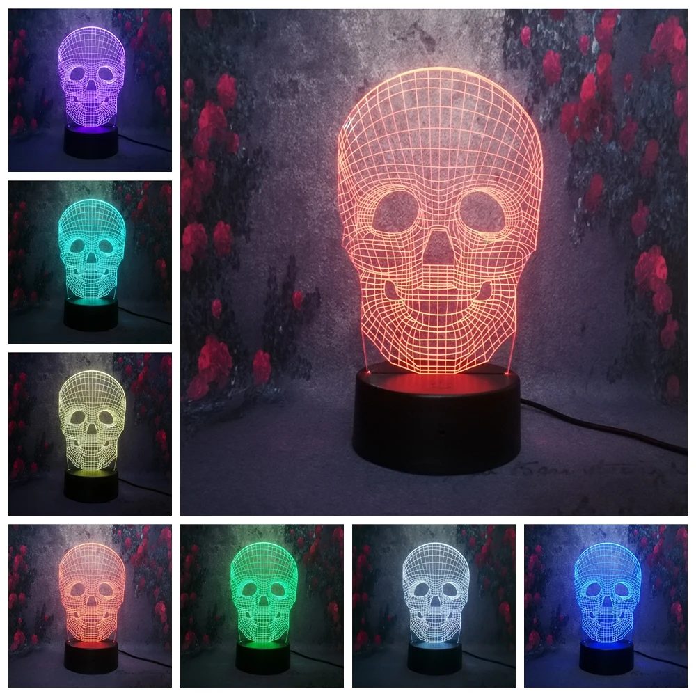 3D USB Череп разноцветная Оптическая иллюзия светодиодный настольный ночник