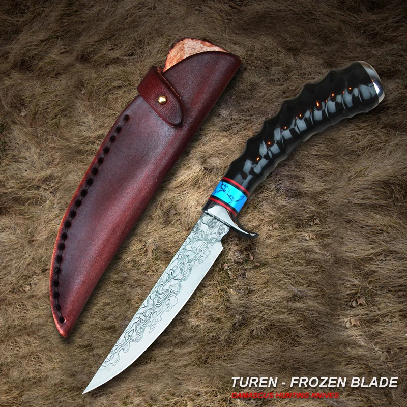 Турен замороженных лезвия 59 HRC Дамаск Открытый Охота прямой нож Дикий бараний рог