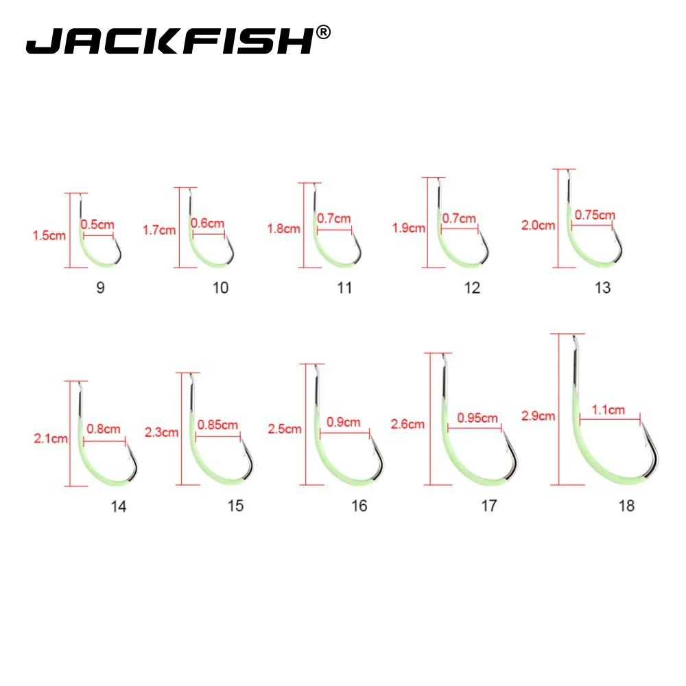 JACKFISH 10 шт./лот светящийся рыболовный крючок из высокоуглеродистой стали #9 #18