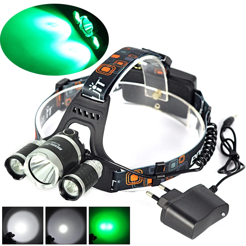 BORUIT 6000LM 3x XM-L T6 + 2R2 зеленый светодиод 2X 18650 налобный фонарь зарядное устройство |