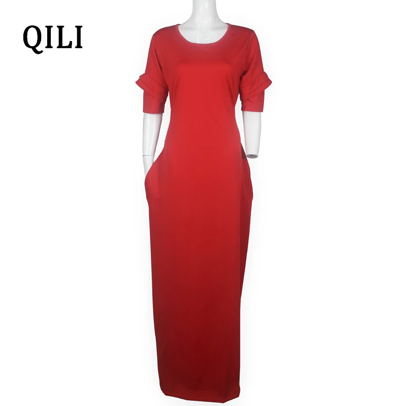 QILI, Осеннее женское платье с коротким рукавом, красное, желтое, черное, женские длинные платья, женские повседневные офисные, деловые, рабочие платья, женский халат