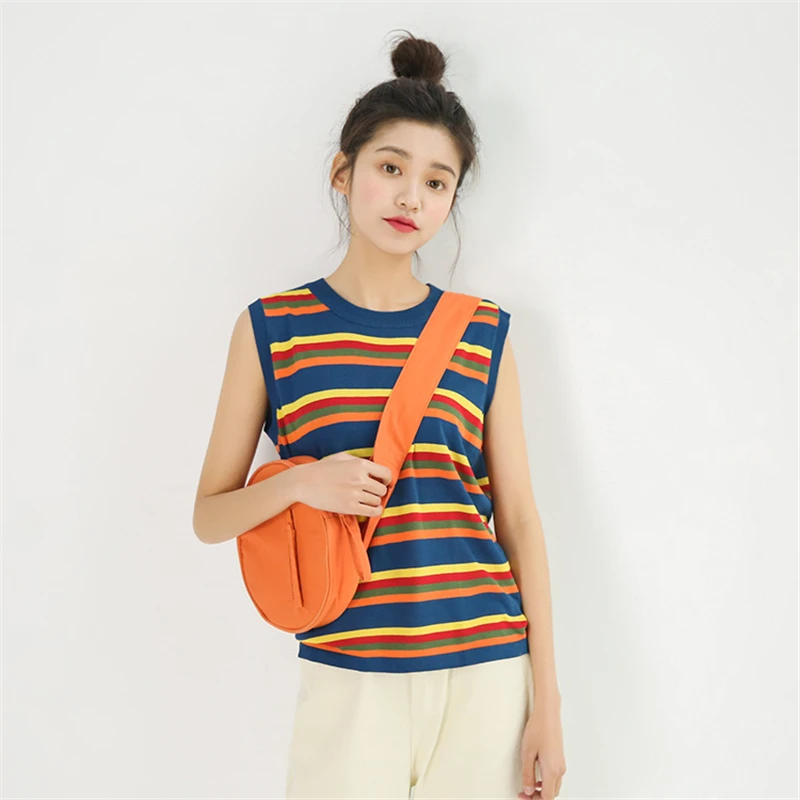 Женские летние трикотажные топы в радужную полоску 2020 Милая футболка без рукавов