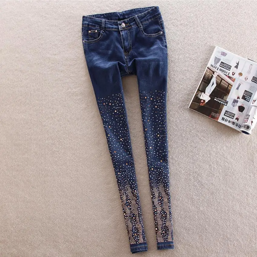 

wholesale fashion brand Manually worn hole diamond beading jeans female street style diamond pencil jeans wq2195 dropship