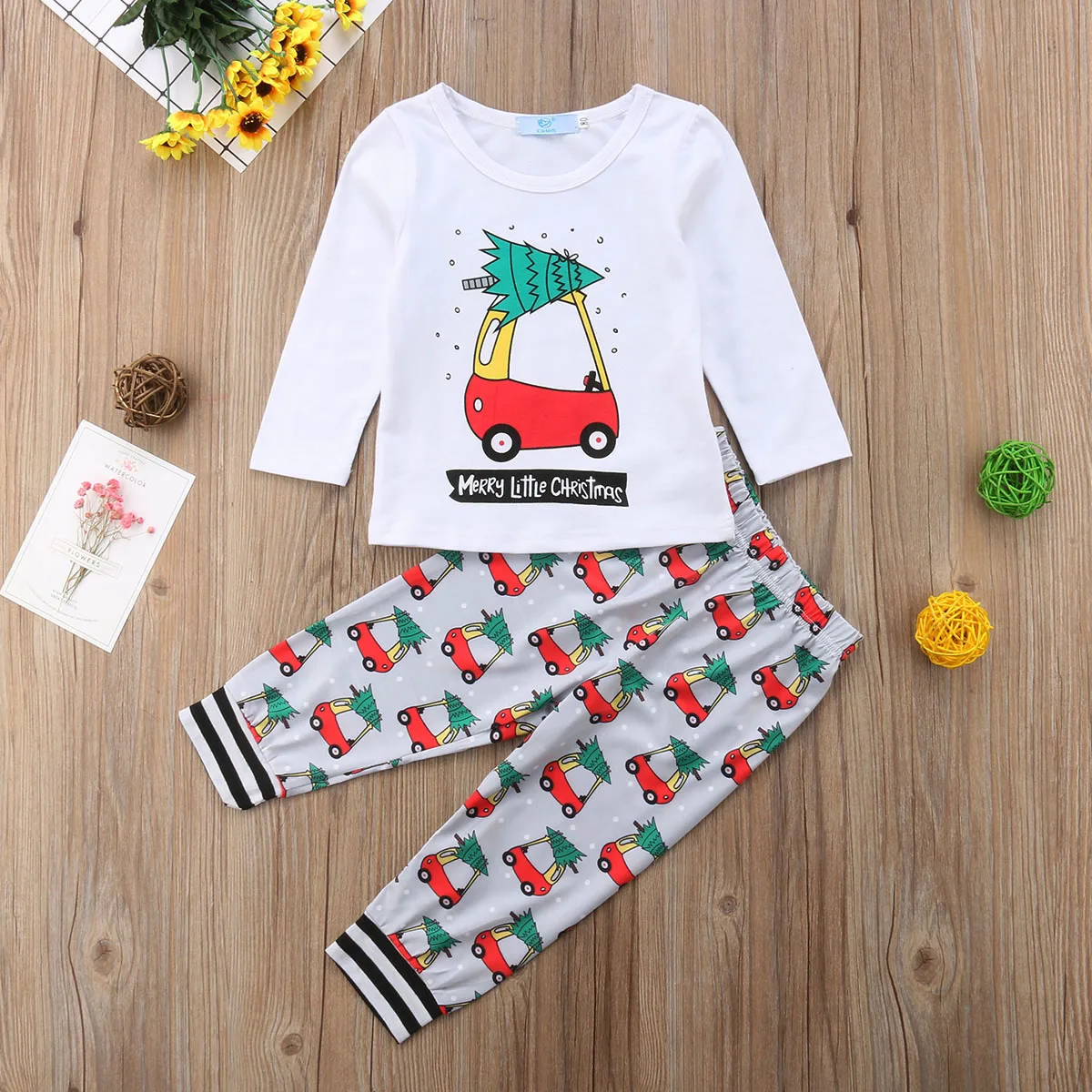 2pcs Christmas Clothes Sets Toddler Kids Baby Boy Girl Long Sleeve T-shirt Tops+Santa Trees Printed Pants Leggings Xmas Outfits | Детская